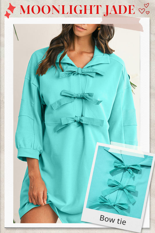 Moonlight Jade Bow Front Patchwork Bracelet Sleeve Mini Dress