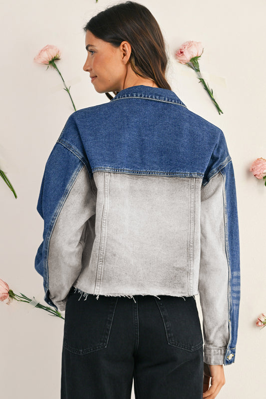 Dusk Blue Patchwork Flap Detail Distress Denim Jacket