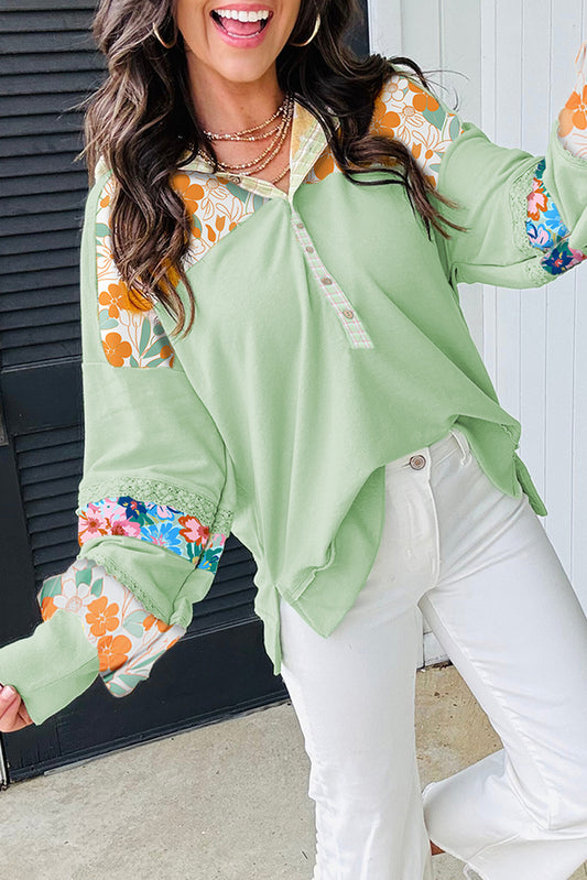 Clearly Aqua Lace Floral Patchwork Hooded Henley Top