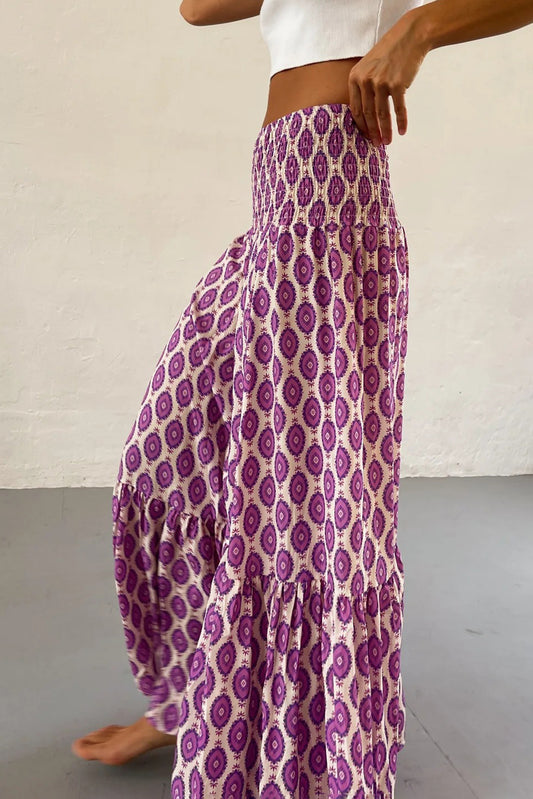 Purple Abstract Print Smocked Waist Maxi Skirt