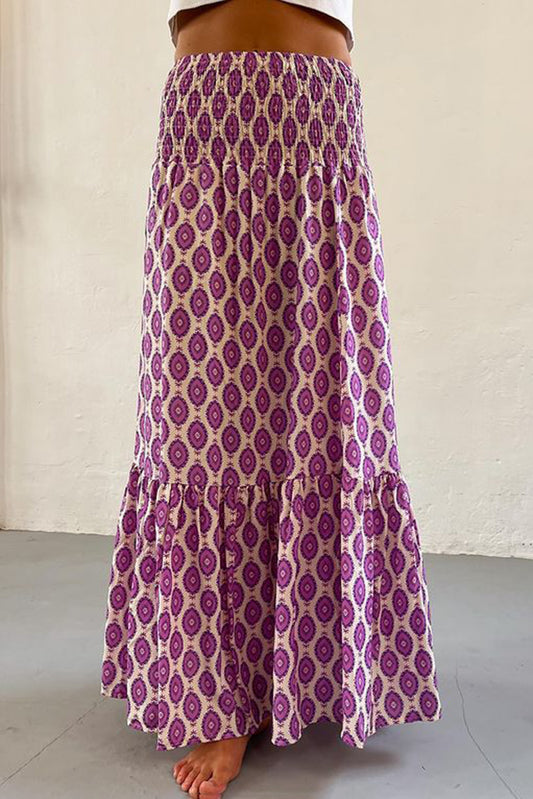 Purple Abstract Print Smocked Waist Maxi Skirt
