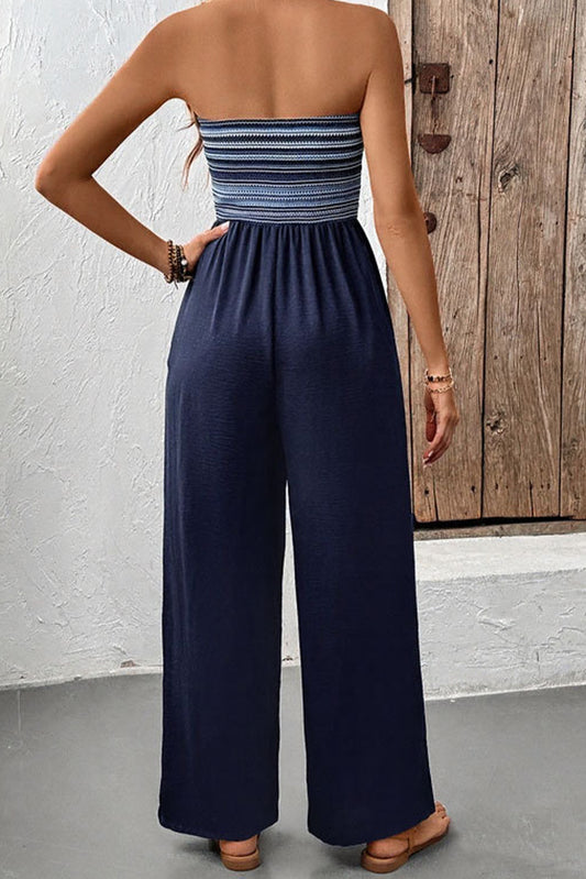 Blue Stripe Tube Top Patchwork Jumpsuit
