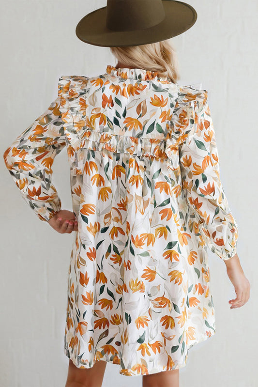 Yellow Floral Print Tie Neck Frill Detail Long Sleeve Mini Dress