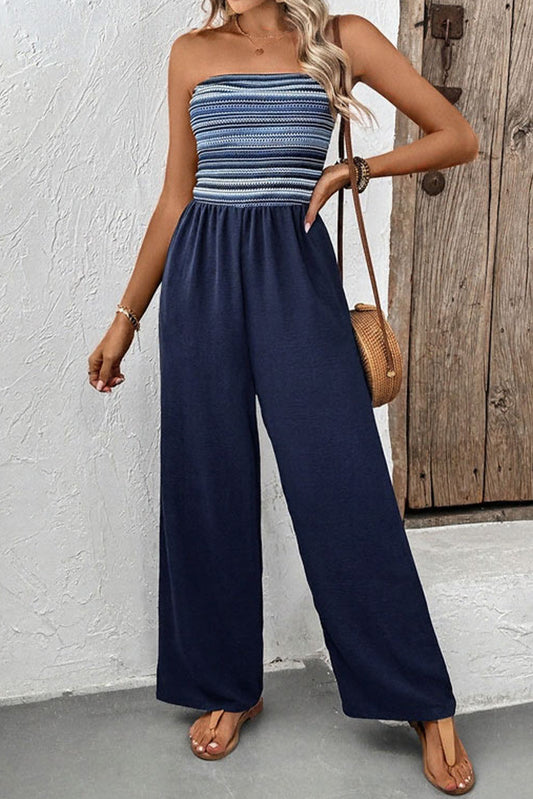 Blue Stripe Tube Top Patchwork Jumpsuit