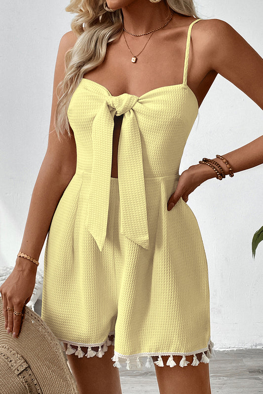 Yellow Cream Spaghetti Strap Fringed Hem Romper