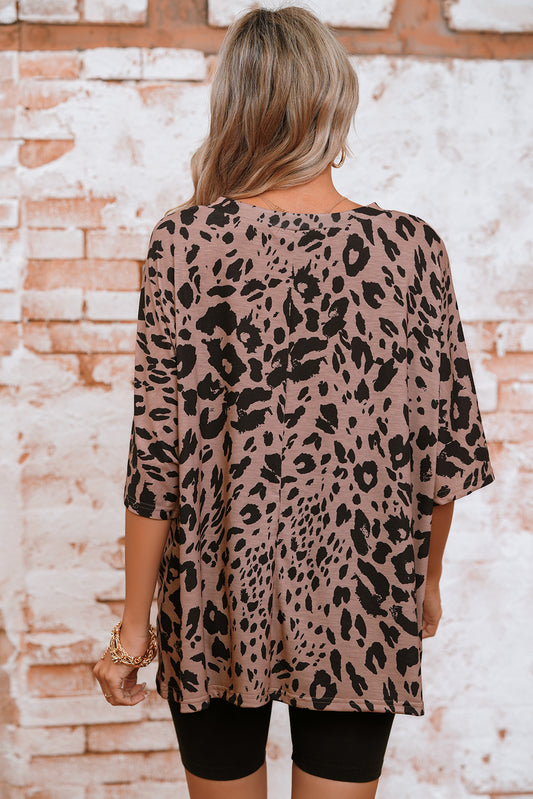Brown Leopard Print V Neck Half Sleeve Oversized Tee