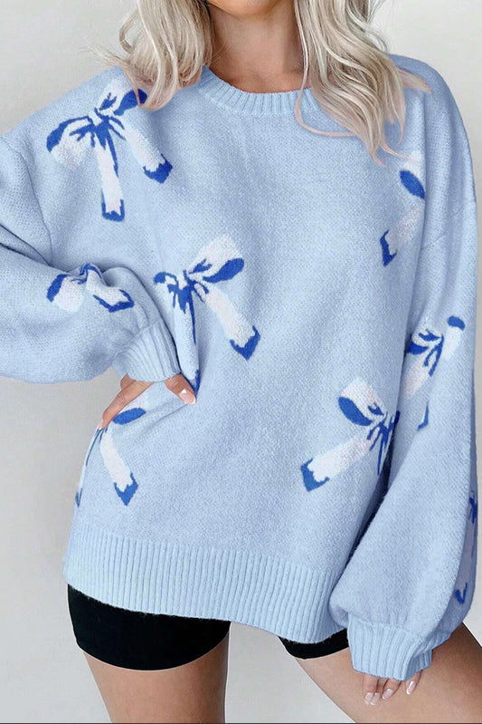 Beau Blue Bow Jacquard Pullover Knitted Sweater