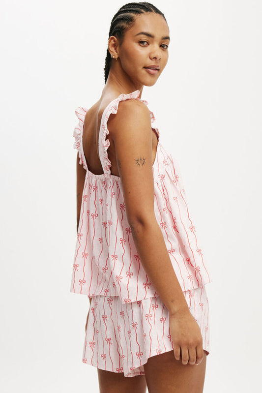 Pink Bow Striped Cami Top and Shorts Set
