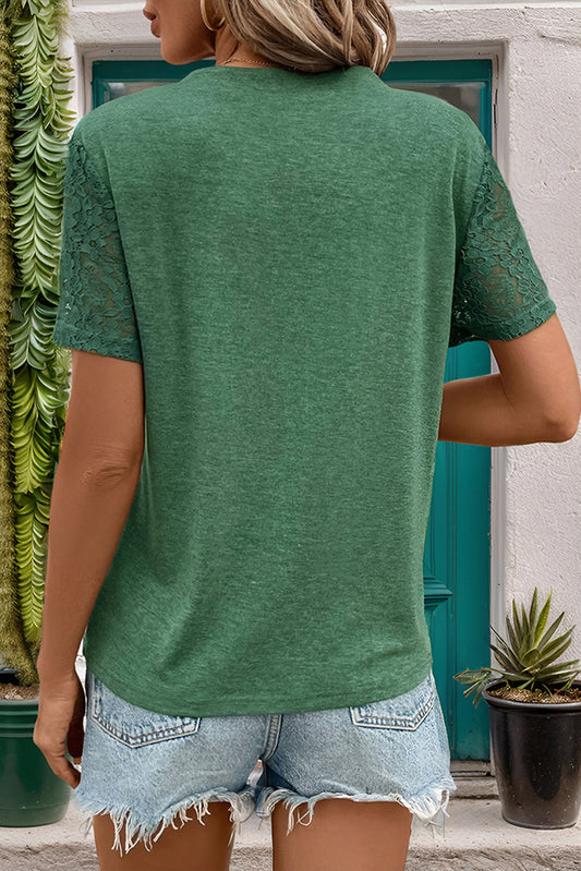 Mist Green Lace Patchwork Sleeve Pleated V Neck T Shirt