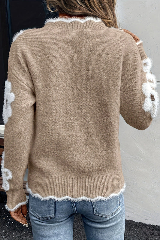 Smoke Gray Jacquard Floral Scallop V-neck Sweater