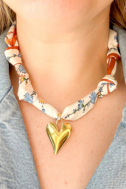White Boho FLoral Print Heart Pendant Scarf Necklace