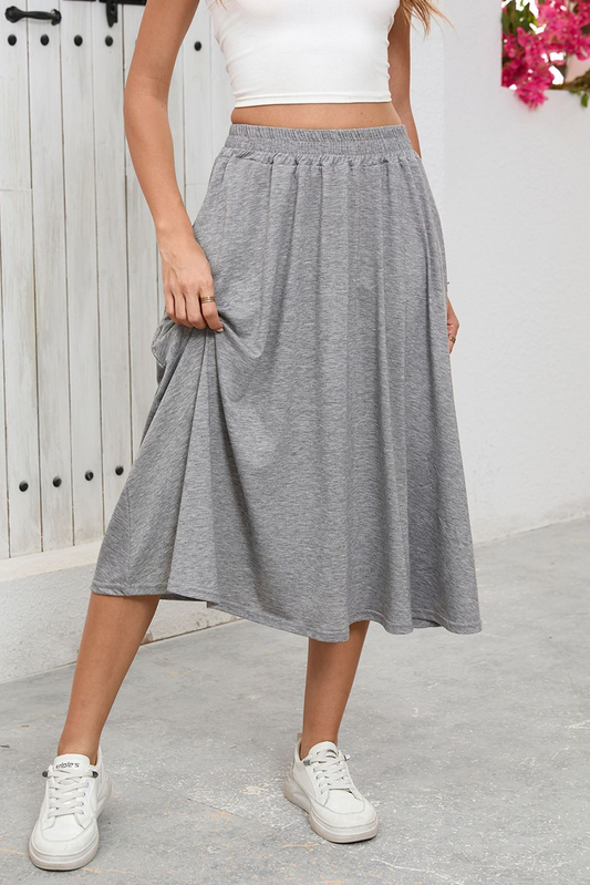 Gray High Waist Large Hem Draped Casual Midi Skirt