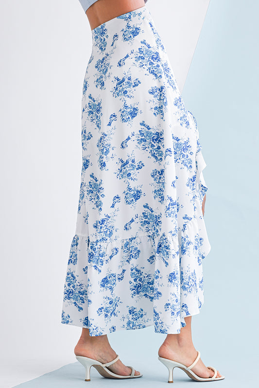 Sky Blue Boho Floral High Waist Ruffle Split Maxi Skirt