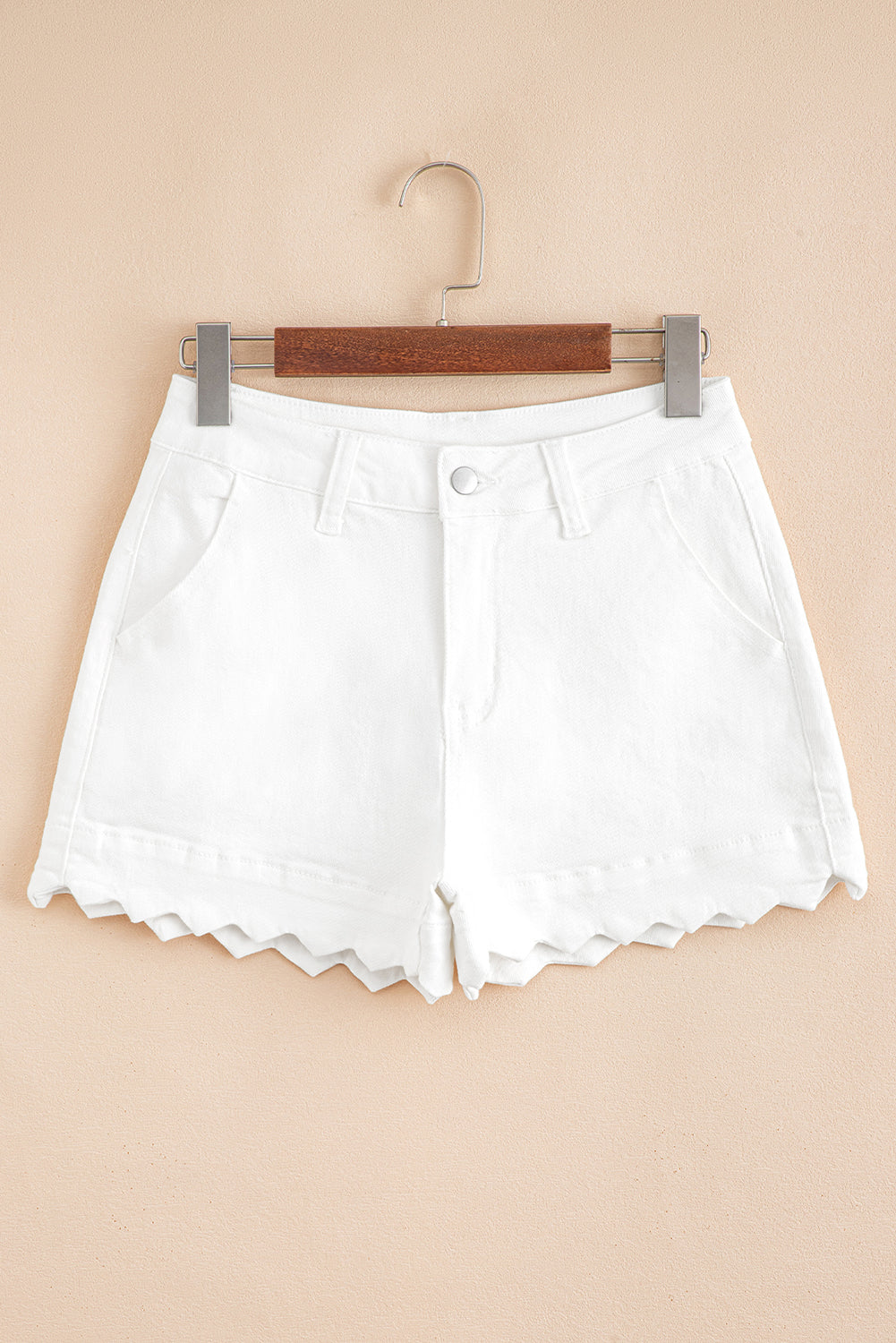 White Scalloped Hemline Light Wash Denim Shorts