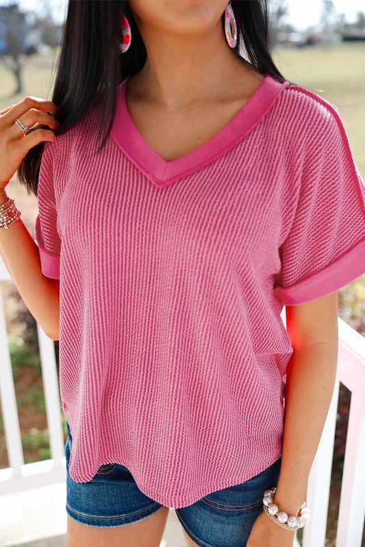 Rose Red Twisted Ribbed Knit Patchwork V Neck Casual Tee