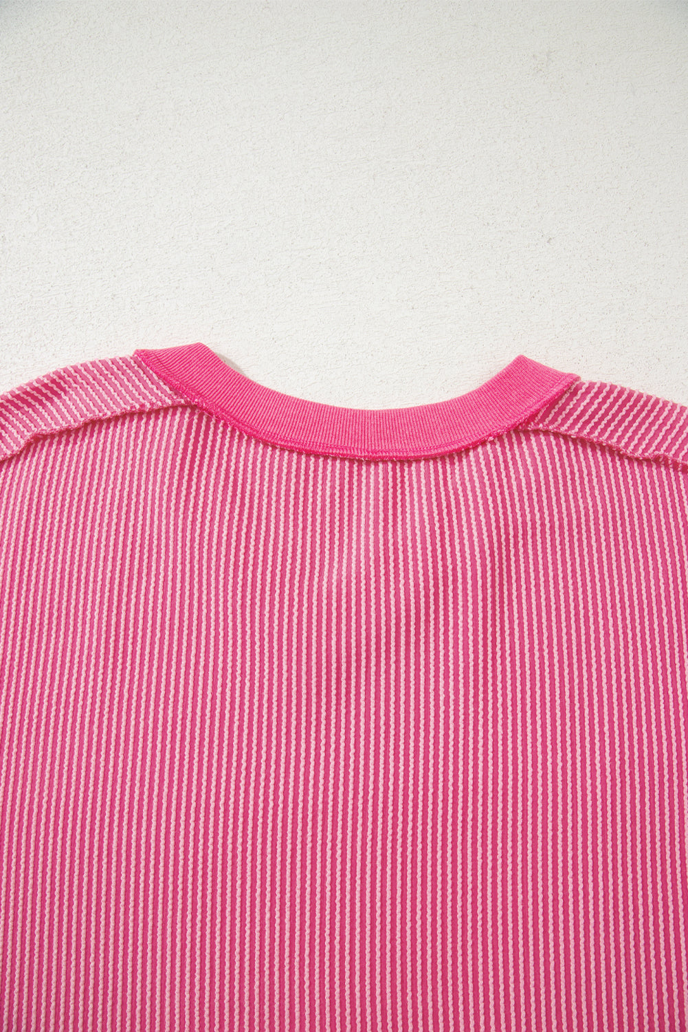 Rose Red Twisted Ribbed Knit Patchwork V Neck Casual Tee
