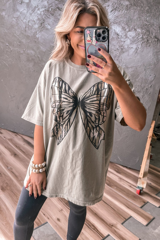 Laurel Green Big Bow Print Drop Shoulder Oversized Tee