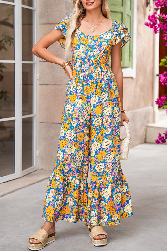 Yellow Floral Allover Print Shirred Cut Out High Waist Jumpsuit