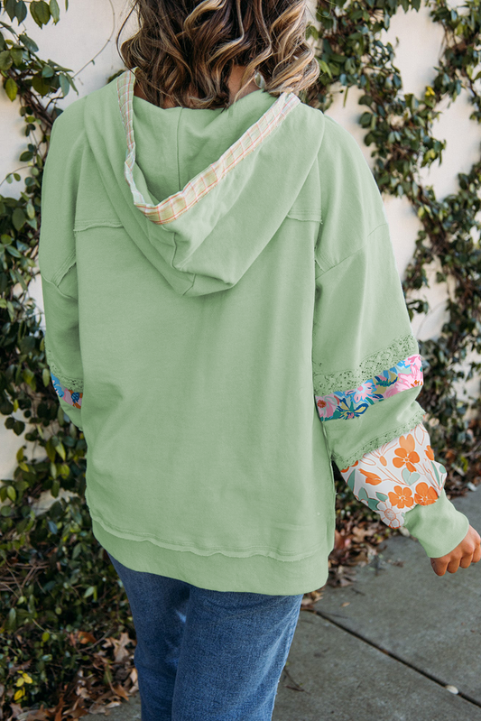 Clearly Aqua Lace Floral Patchwork Hooded Henley Top