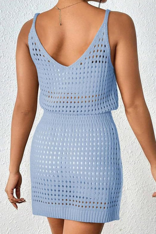 Sky Blue Hollow Out Beach Cover Up Dress