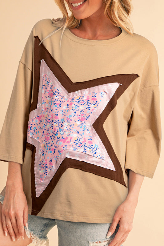 Camel Floral Star Patched 3/4 Sleeve T Shirt