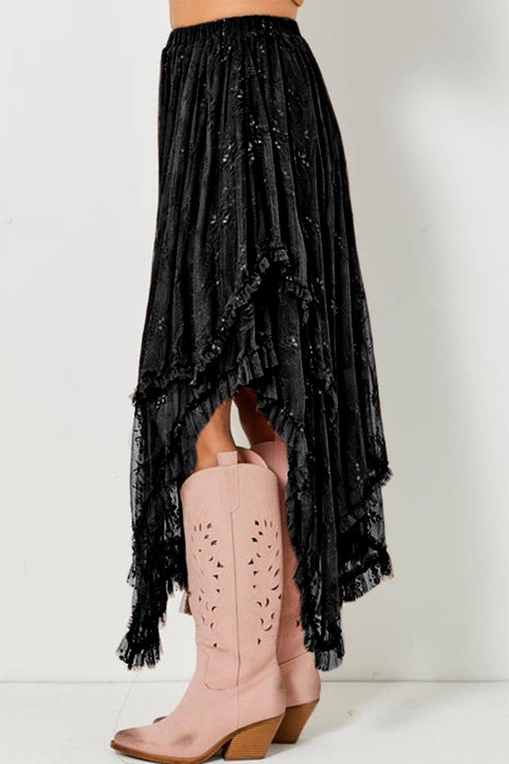 Black Lace Cascading Tiered High Waist Maxi Skirt