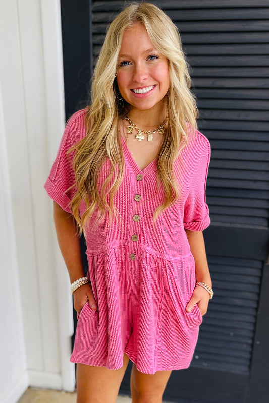 Bright Pink Corded Short Sleeve V Neck Pocketed Romper