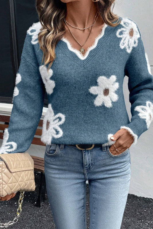 Dusk Blue Jacquard Floral Scallop V-neck Sweater