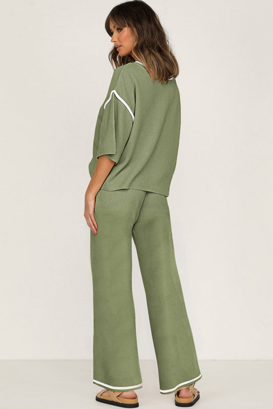 Guacamole Green Loose Contrast Trim Half Sleeve Top and Drawstring Pants Set