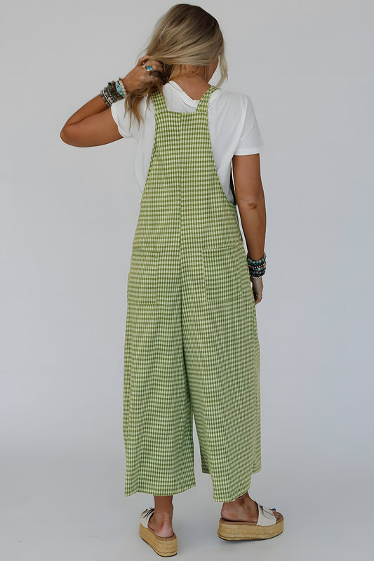 Green Gingham Wide Leg Pockets Loose Overall