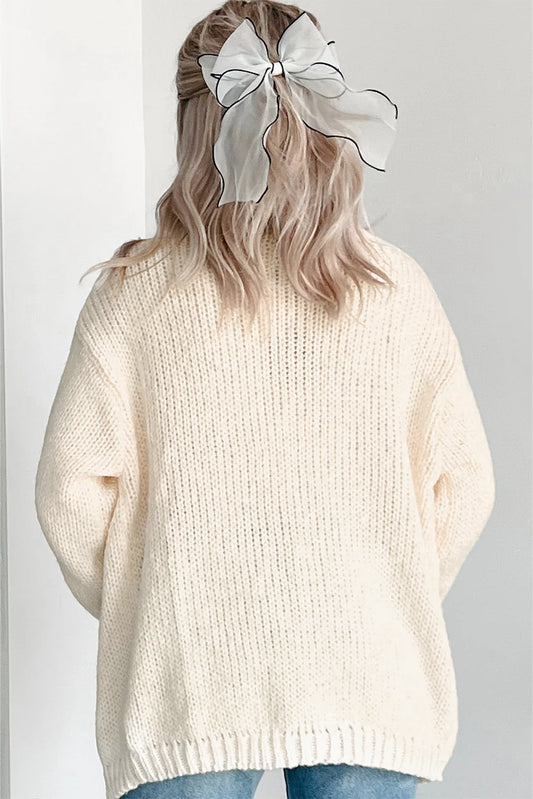 White Pumpkin Print Open Front Drop Shoulder Knit Cardigan