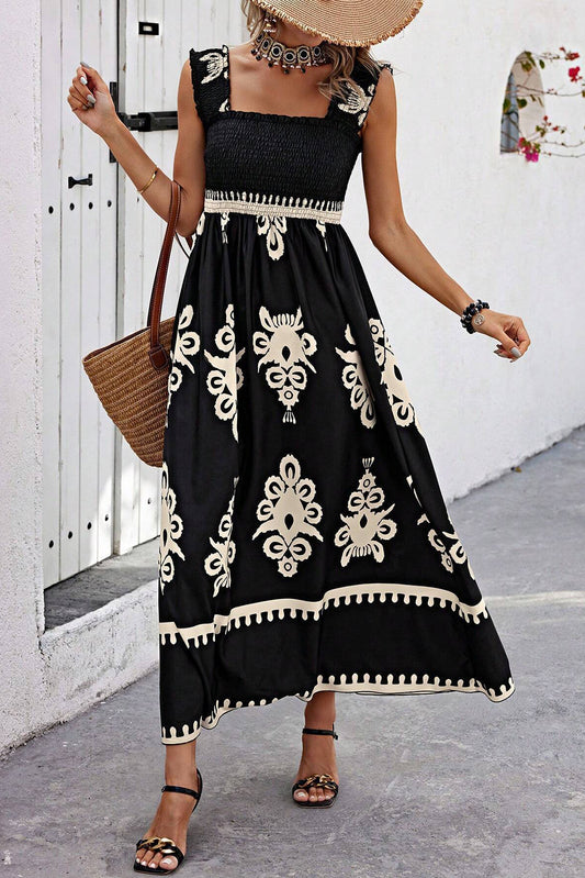 Black Boho Print Smocked Ruffle Sleeveless Maxi Dress