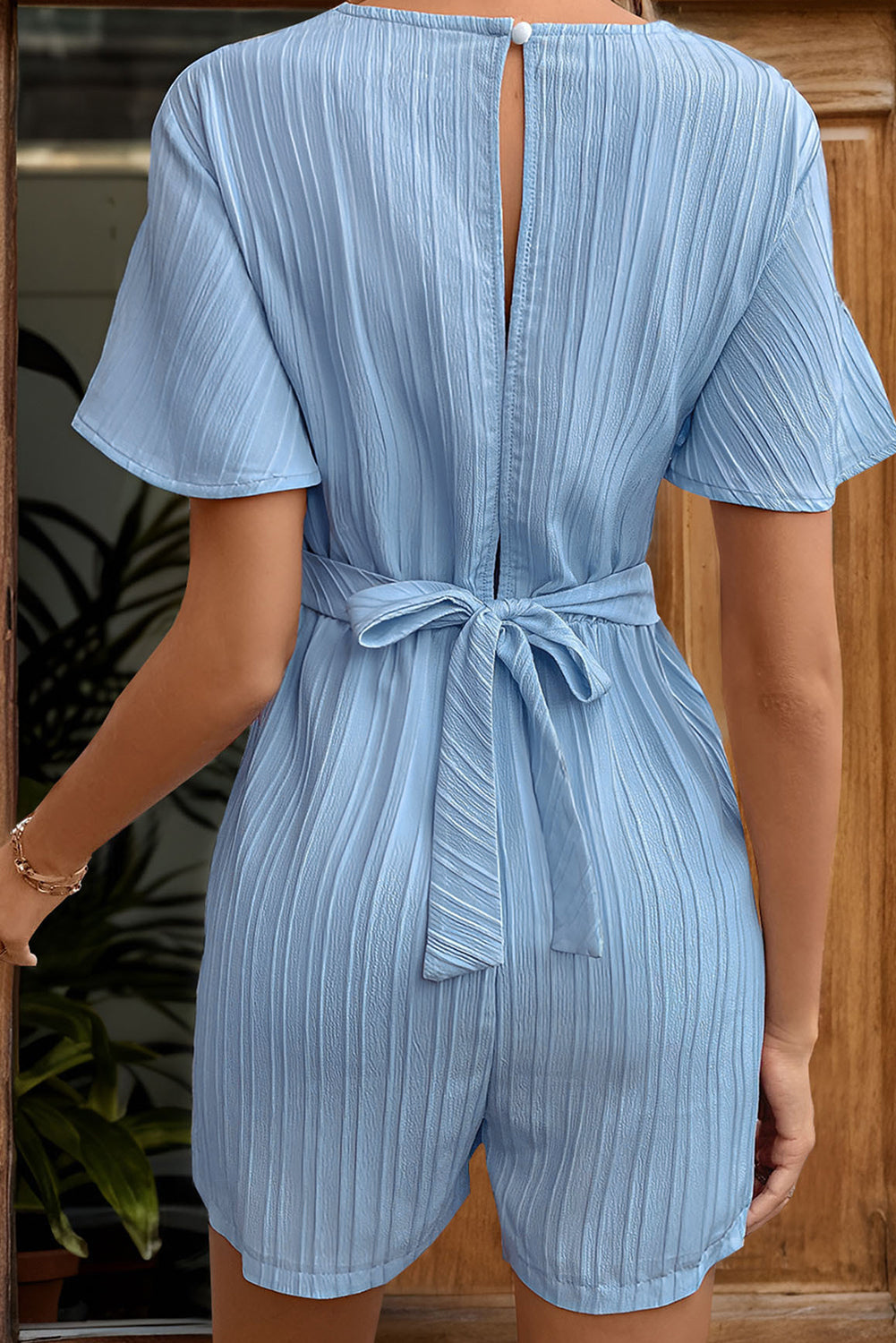Sky Blue Back Tie V Neck Romper