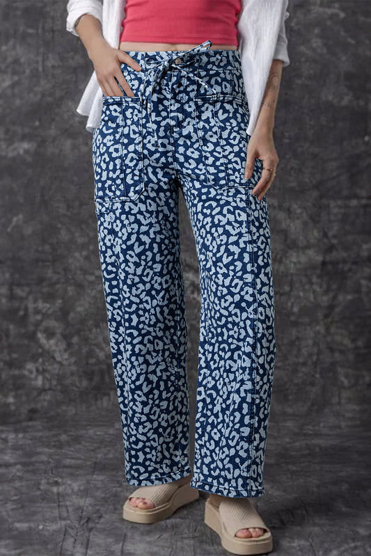 Blue Leopard Print Drawstring Waist Pocketed Wide Leg Jeans