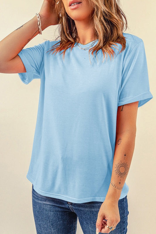 Light Blue Solid Color Basic Crew Neck Tee