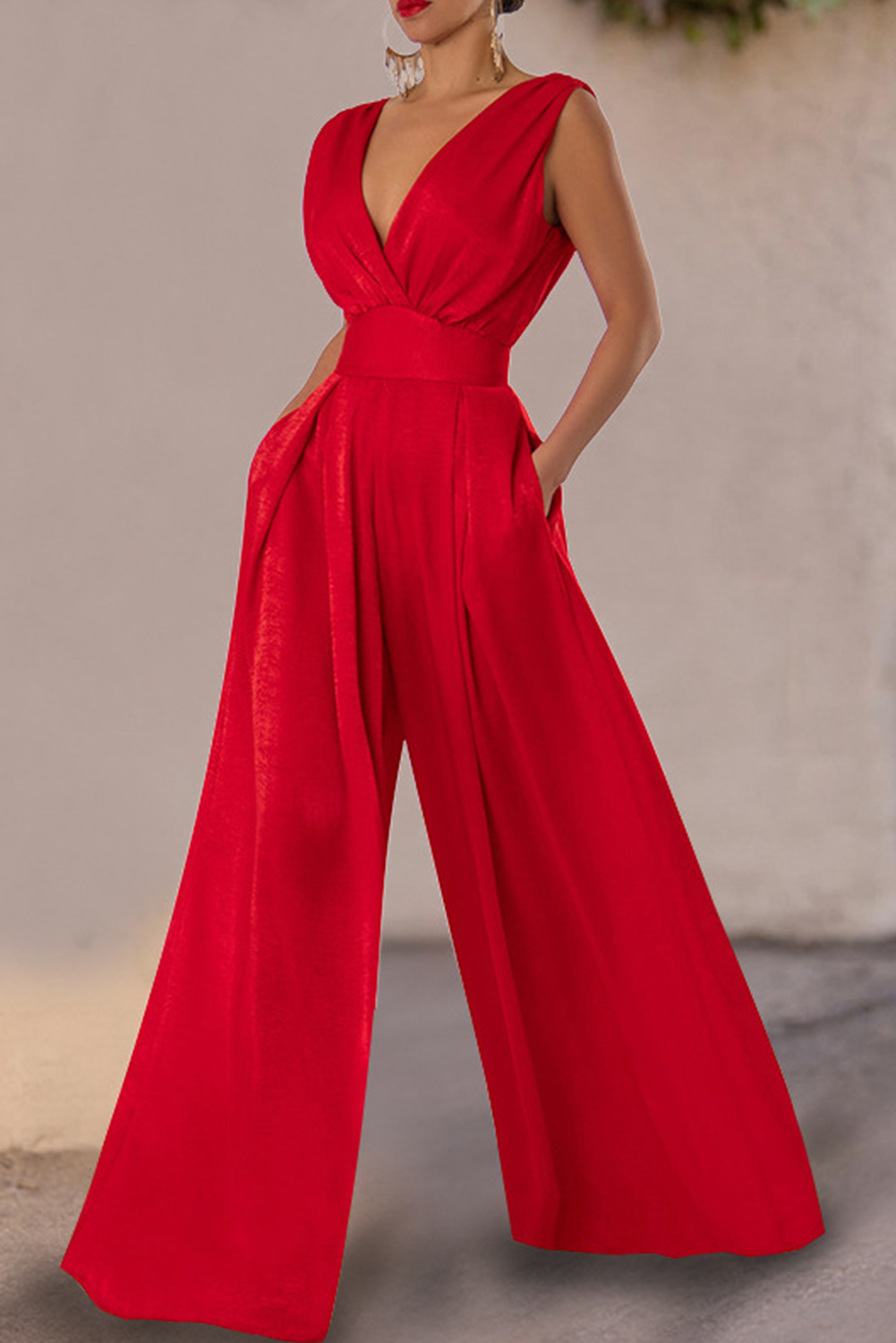 Tomato Red Sleeveless Wrap Wide Leg Jumpsuit