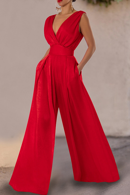 Tomato Red Sleeveless Wrap Wide Leg Jumpsuit