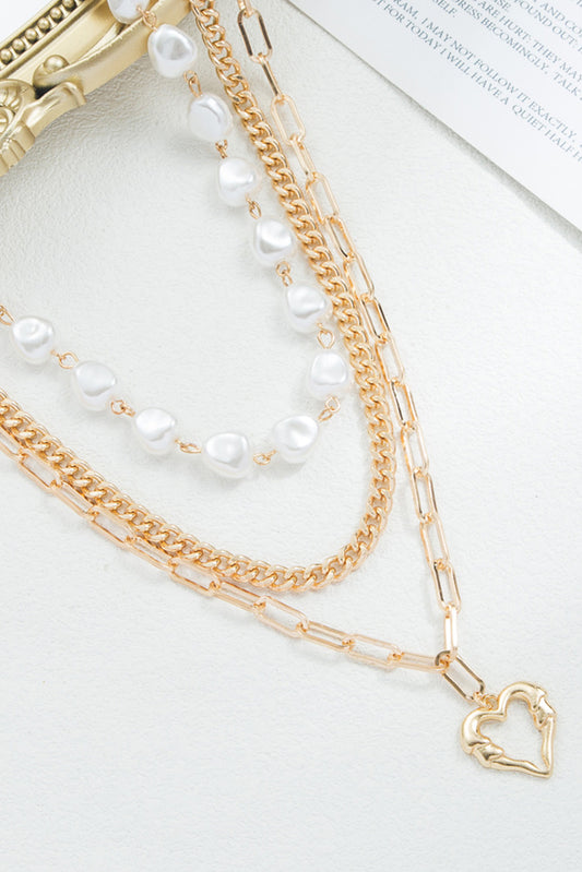 Gold Heart Pendant Pearl Chain Multi-Layered Necklace