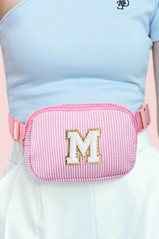 Pink Striped M Letter Zipper Crossbody Bag