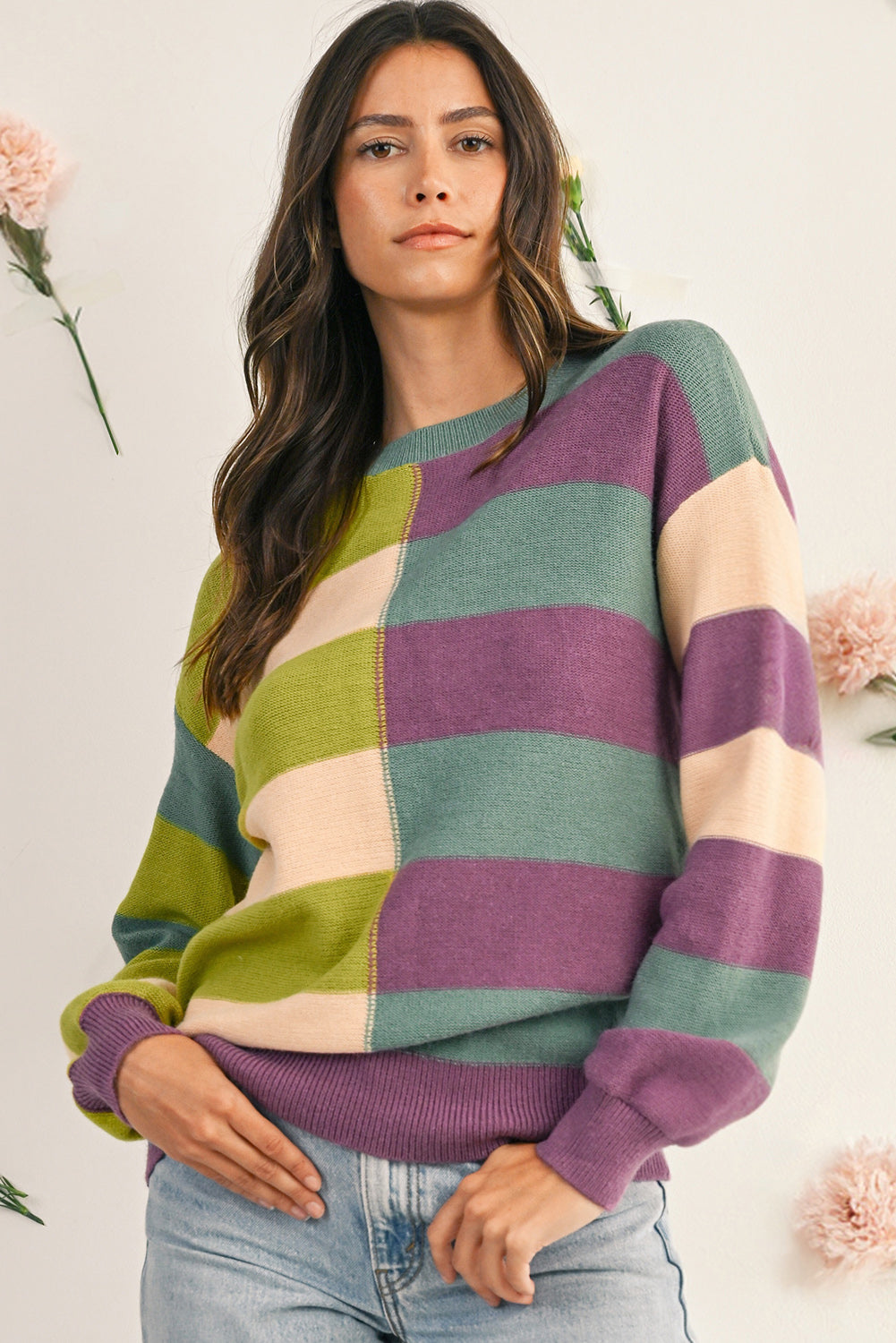 Green Stripe Colorblock Drop Shoulder Ribbed Edge Sweater