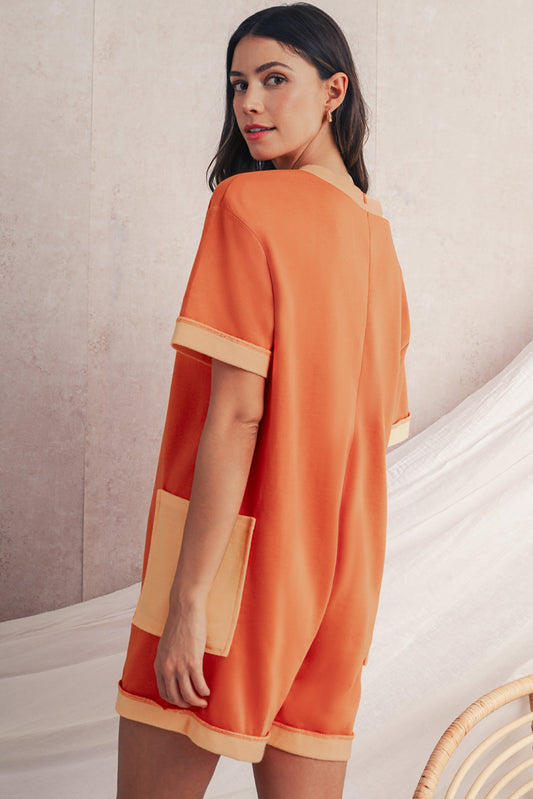 Russet Orange Two Tone Short Sleeve V Neck Patched Pocket Loose Romper