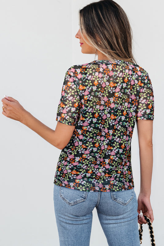 Black Sheer Mesh Floral Round Neck T Shirt with Camisole