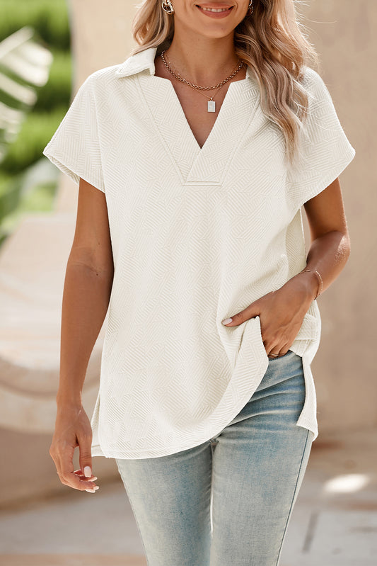 White Textured V Neck Collared Split Hem T Shirt
