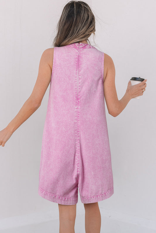 Bonbon Mineral Wash Knot V Neck Pleated Denim Romper