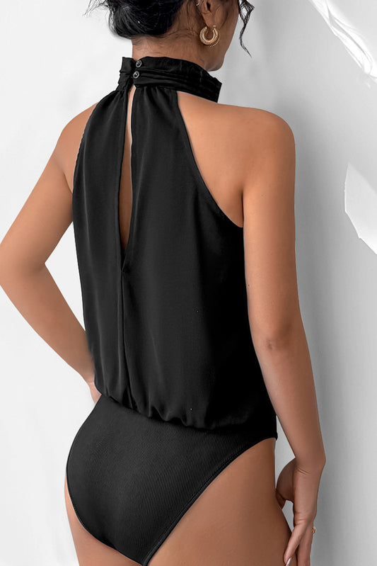 Black Beaded Decor Flower Halter Bodysuit