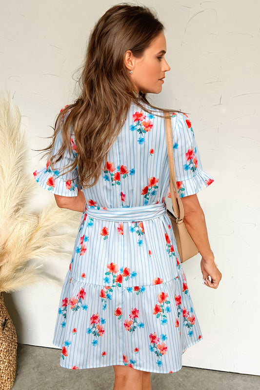 Sky Blue Striped Floral Print Ruffle Belted Mini Dress