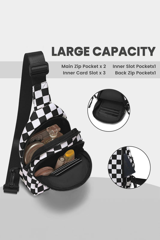 Black Checkered Print Zip Front Crossbody Bag