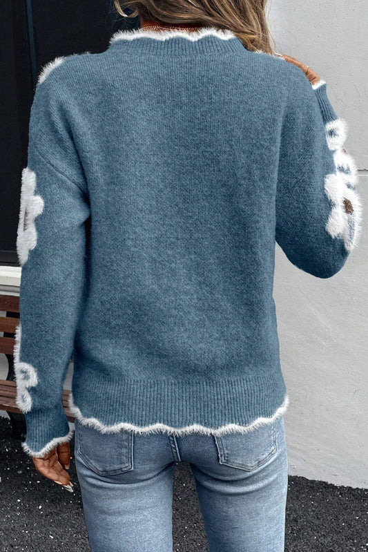 Dusk Blue Jacquard Floral Scallop V-neck Sweater