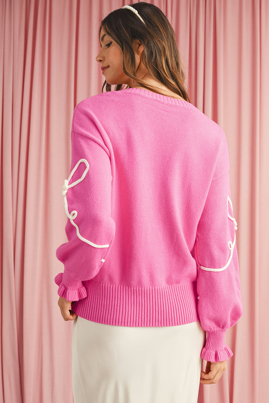 Bright Pink Sweet Bow Pattern Drop Sleeve Knit Sweater