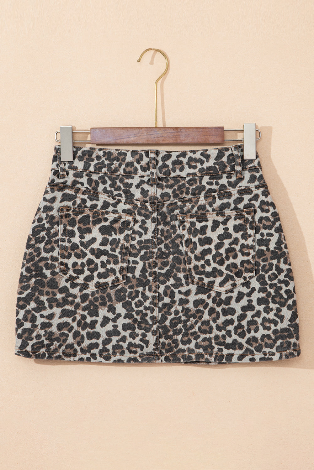 Khaki Allover Leopard Print Denim Mini Skirt